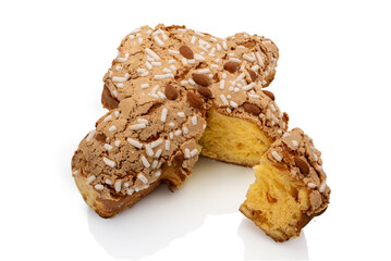 Colomba Pasquale with slice, typical italian easter cake with sugar glaze and with almonds. Easter...