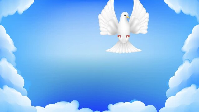 White dove on blue sky and clouds background. Vector animation