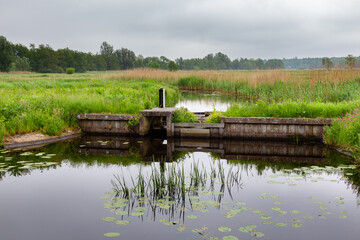 Wooden water sluice in small stream at countrysside of The Netherlands