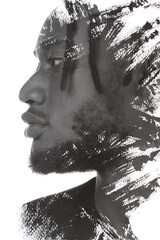 A black and white portrait of a man combined with black strokes. Paintography.