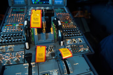 Almaty, Kazakhstan - 01.29.2014 : Maintenance stickers on the lower pedestal in the cockpit