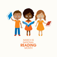 March Is National Reading Month vector. Diverse group of children reading a books vector. Happy kids with books cartoon character