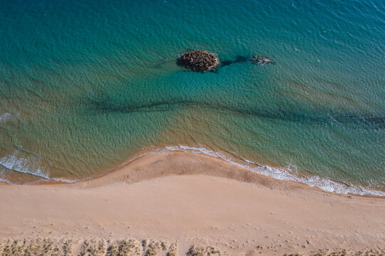 Aerial view of Halikounas Beach between Ionian Sea and Korission Lake in Corfu Island, Greece