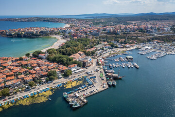 Aerial view of historic part of Sozopol city on Black Sea shore in Bulgaria
