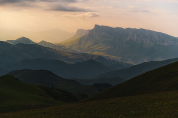 Chegem mountains at sunset. Part of Caucasian mountain range. Russia august 2021.