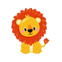 Vector illustration of cute lion isolated in cartoon style on white background. Use for kids app, game, book, clothing print T-shirt print, baby shower.