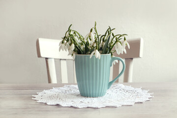 Good spring morning: a bouquet of fresh snowdrops in a green cup on the background of a white chair, close-up, space for text