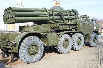 Exhibition of military equipment weapons. Tanks, armored personnel carriers, rocket launchers.