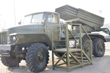 Exhibition of military equipment weapons. Tanks, armored personnel carriers, rocket launchers.