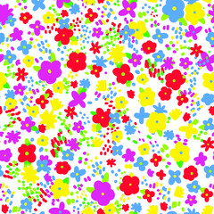 Ditsy flowers vector seamless pattern. Blossom floral repeat print. Cute botanical cartoon design for wallpaper, wrapping paper, fabric, textile, decoration.