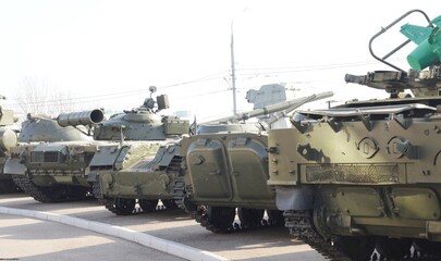 Exhibition of military equipment weapons. Tanks, armored personnel carriers, rocket launchers.