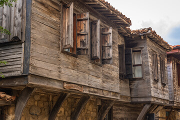 Wooden buildings in Old Town of Sozopol city on Black Sea coast in Bulgaria