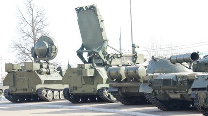 Exhibition of military equipment weapons. Tanks, armored personnel carriers, rocket launchers.
