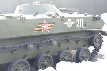 Exhibition of military equipment weapons. Tanks, armored personnel carriers, rocket launchers.