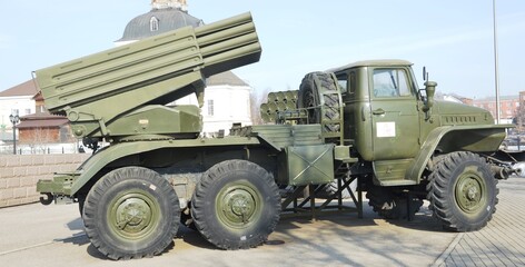 Exhibition of military equipment weapons. Tanks, armored personnel carriers, rocket launchers.