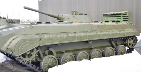 Exhibition of military equipment weapons. Tanks, armored personnel carriers, rocket launchers.