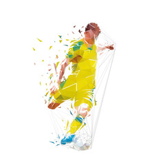 Soccer player kicking ball, low polygonal footballer shoots and scores a goal, geometric isolated vector illustration from triangles, front view