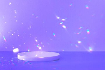Abstract minimal scene - empty stage, circle podium on purple background with rainbow crystal light...