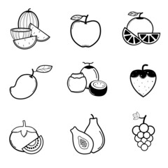 fruit icons watermelon, apple, grape, tomato, papaya, orange, coconut, strawberry, mango