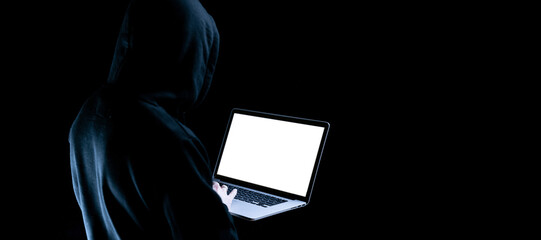 Hacker computer cyber security. Digital laptop in hacker man hand isolated on black banner....