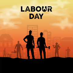 Celebration International Workers Day with sunset background. Happy Labour Day background with silhouette of workers.
