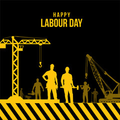 International Labour day background with silhouette of tower crane and heavy machinery. Happy Labour Day Vector with silhouette of workers and under construction sign.