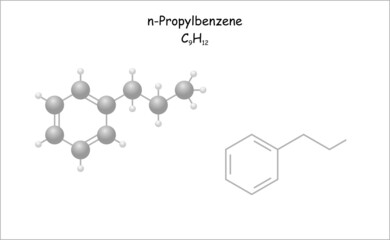 Stylized molecule model/structural formula of n-Propylbenzene. Use for synthesis. 