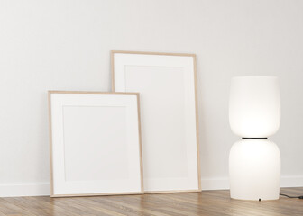 Fototapeta na wymiar 3d illustration White wall, two empty canvas, profile view decorated floor lamp on, light parquet
