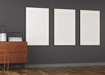 3d illustration, Black wall, three  empty canvases, profile view decorated with sideboard with decorative elements contrasting with the wall, dark parquet