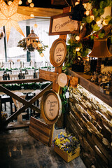 Table setting at a luxury wedding and beautiful flowers on the table.
