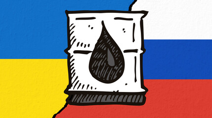 Conceptual image of war between Russia and Ukraine with cracked wall and oil barrel with national flag