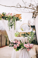 Table setting at a luxury wedding and beautiful flowers on the table.