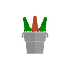 Metal bucket with beer bottles and ice cubes. Isolated vector illustration on white background.