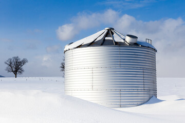Low angle view of metal grain silo and bare trees in pristine snowy field against clear blue sky seen during a winter afternoon, Quebec City, Quebec, Canada - Powered by Adobe