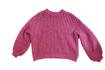 Fototapeta premium Top view pink women sweater isolated on white background.