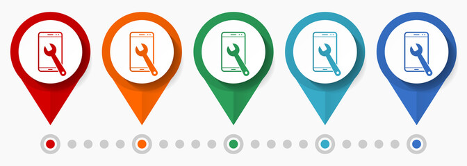 Smartphone repair concept vector icon set, flat design mobile phone service pointers, infographic template easy to edit
