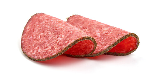 Salami sausage slices, isolated on white background. High resolution image.