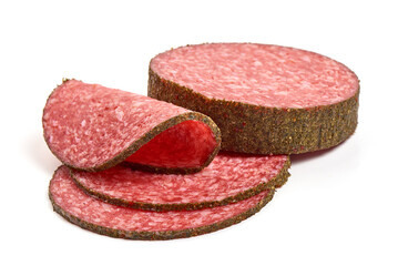 Peppered salami slices, isolated on white background.