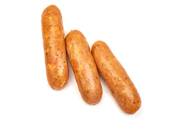 Smoked sausages for grill, isolated on white background. High resolution image.