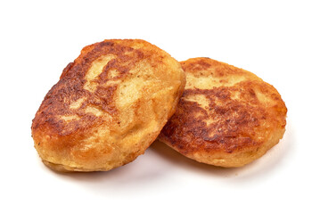 Freshly baked cottage cheese pancakes, isolated on white background.