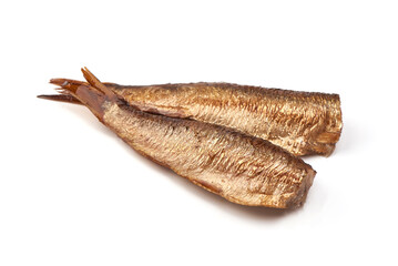 Canned sprats, isolated on white background.