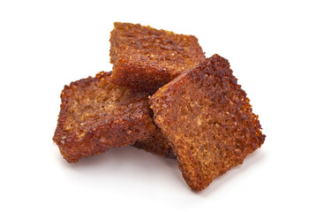 Rye bread croutons with garlic, isolated on white background.