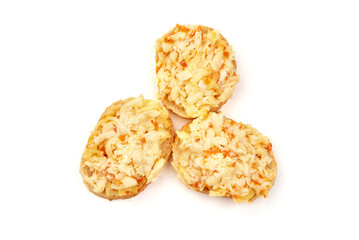 Snack with cheese, eggs and carrot filling, isolated on white background.