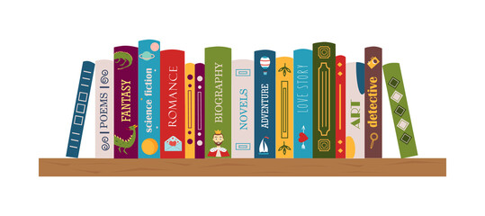 Bookshelf with books. Biography, adventure, novel, poem, fantasy, love story, detective, art, romance. Banner for library, book store. Genre of literature. Vector illustration in flat style.