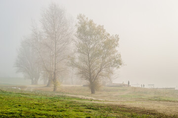 Obraz na płótnie Canvas Novi Sad, Serbia-January 12. 2013: Panorama of the pond covered with thick fog near the city of Novi Sad, Serbia.