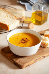 Homemade spicy soup with organic pumpkin