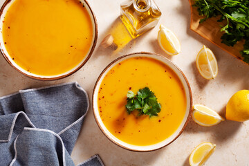 Homemade spicy soup with organic pumpkin