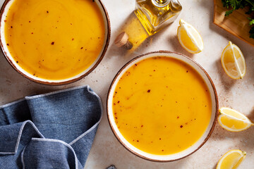 Homemade spicy soup with organic pumpkin