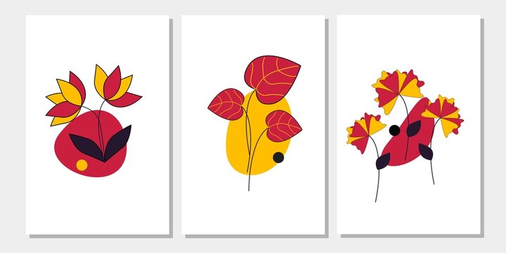 Set three of nature florals wall art. Bontanical flowers wall decor. Flowers and leaves wall Decorations, poster, cards, invitation, background and social media. Home Decorations vector Ilustration.