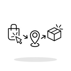 Online shopping process icons in flat style. Click, Location and delivery symbol for your web site design, logo, app, UI Vector EPS 10.